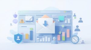 Illustration of email marketing and analytics, featuring a large envelope with a graph inside, clocks representing time, and a web browser interface.