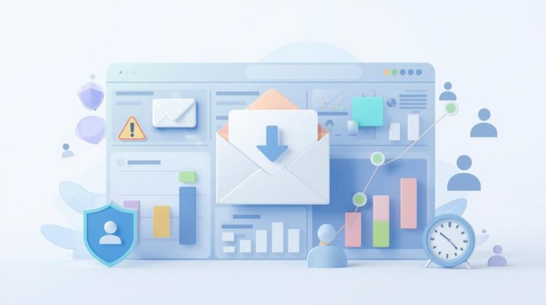 Illustration of email marketing and analytics, featuring a large envelope with a graph inside, clocks representing time, and a web browser interface.