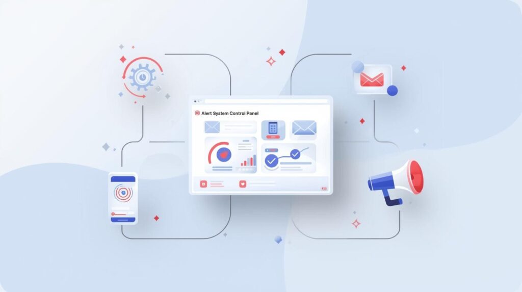 A flat vector illustration featuring a central web browser window titled "Alert System Control Panel" displaying data charts, surrounded by connected icons representing communication channels like a smartphone, email, and megaphone.