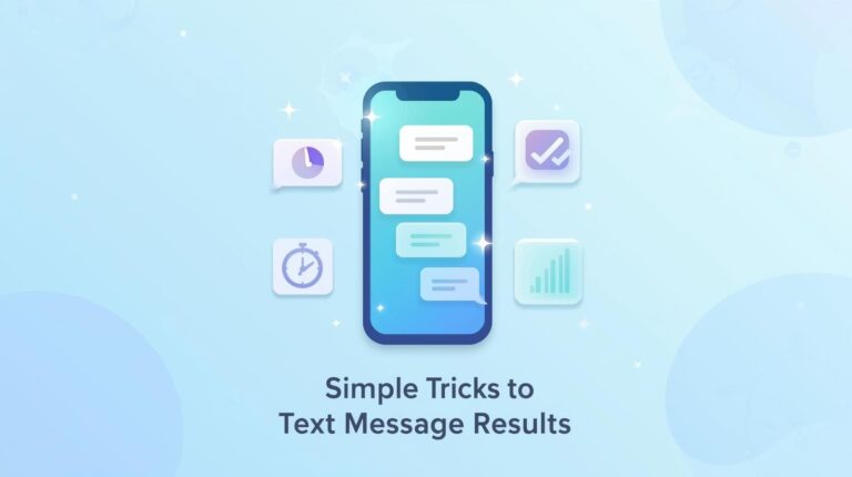Modern 2D illustration of a smartphone surrounded by performance icons like bar charts, timing clocks, and checkmarks, with the text "Simple Tricks to Text Message Results."