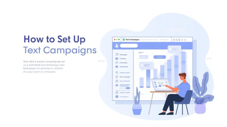 Header illustration titled "How to Set Up Text Campaigns" featuring a user analyzing data charts on a large digital interface.
