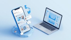 "A stylized, monochromatic blue 3D illustration featuring the Twitter bird logo on a central panel, flanked by panels showing analytics graphs and user profile elements."