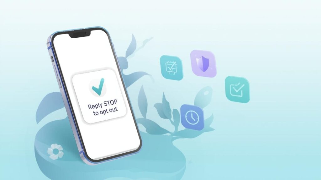 "3D illustration of a smartphone screen displaying a 'Reply STOP to opt out' notification with security icons in the background."