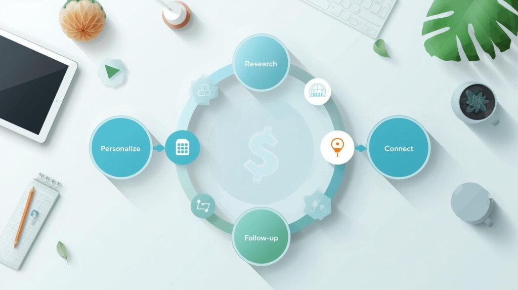 A top-down flat vector illustration of a desk featuring a circular workflow diagram with four steps: Research, Personalize, Connect, and Follow-up.