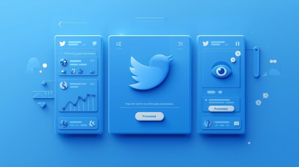 "Isometric 3D illustration showing a smartphone and laptop floating on a cloud, both displaying social media dashboards and analytics graphs, surrounded by small blue birds."