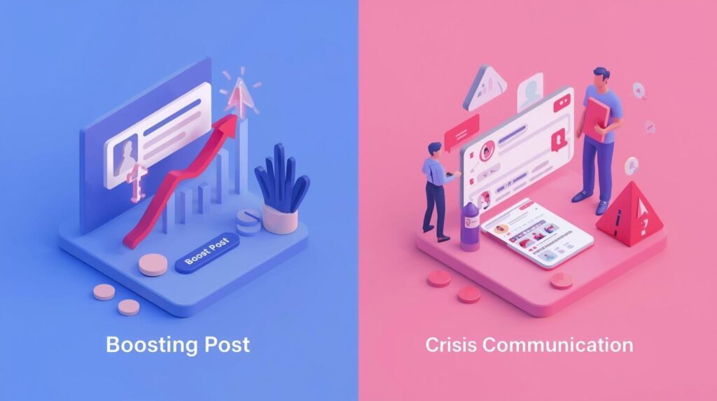 A split-screen 3D isometric illustration comparing two scenarios: a blue side labeled "Boosting Post" showing upward growth graphs, and a pink side labeled "Crisis Communication" showing alert icons and message threads.