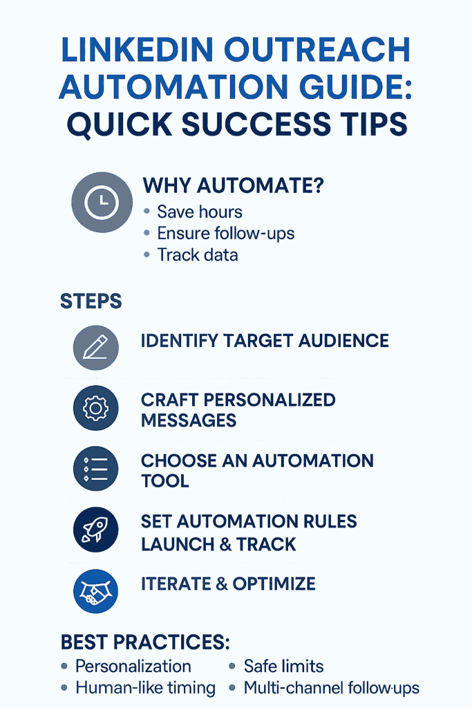 A vertical infographic titled "LinkedIn Outreach Automation Guide," detailing steps like identifying target audiences, crafting messages, and setting automation rules.