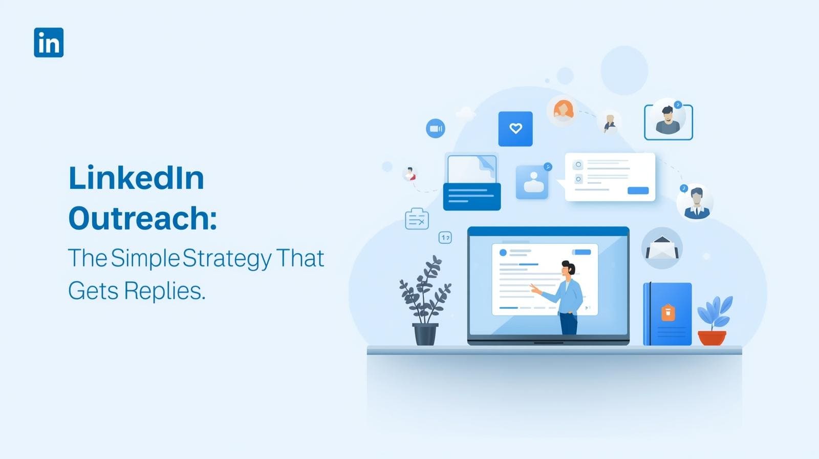 A horizontal banner image with the text "LinkedIn Outreach: The Simple Strategy That Gets Replies," featuring a vector illustration of a workspace with a laptop, plant, and floating social media icons.