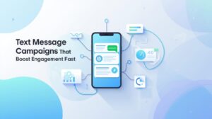 A presentation slide or header image featuring the title "Text Message Campaigns That Boost Engagement Fast" next to a 3D illustration of a smartphone displaying chat bubbles and analytics charts.