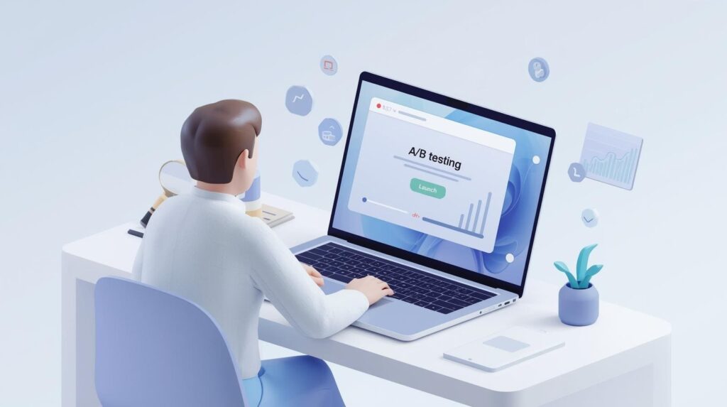 Rear view of a 3D character launching an A/B testing module on a laptop screen.