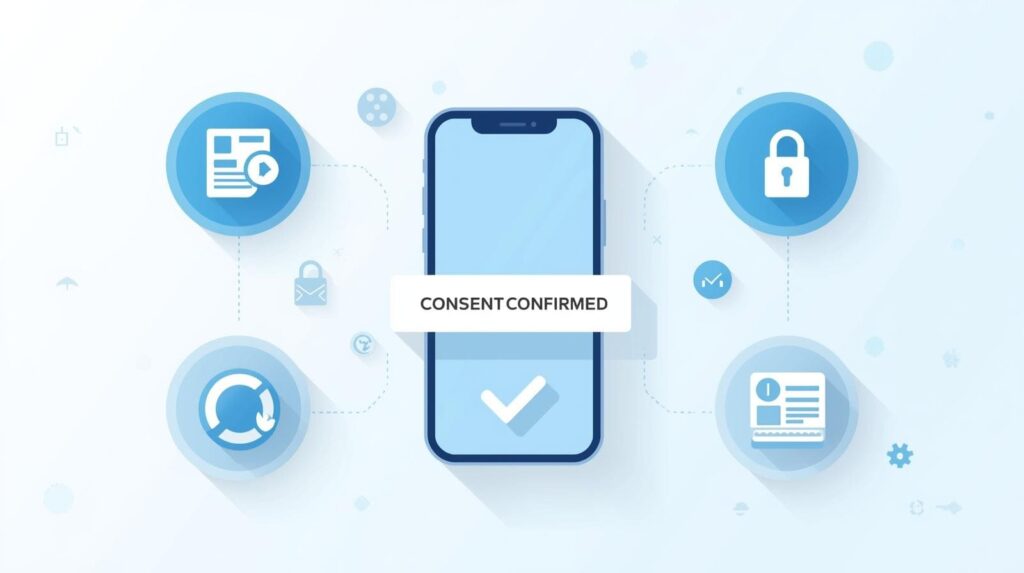 Flat vector illustration of a smartphone displaying a "Consent Confirmed" banner, surrounded by icons representing security, compliance, and document verification.