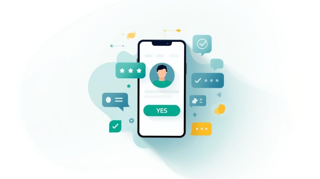 A stylized smartphone illustration showing a user profile and a large green "YES" button, surrounded by floating icons of five-star ratings, checkmarks, and speech bubbles.