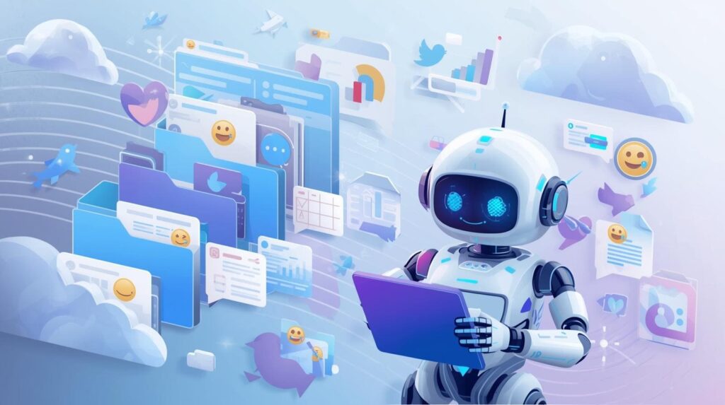 A 3D illustration of a friendly white robot holding a tablet, surrounded by floating icons representing file folders, social media logos, hearts, and emojis.