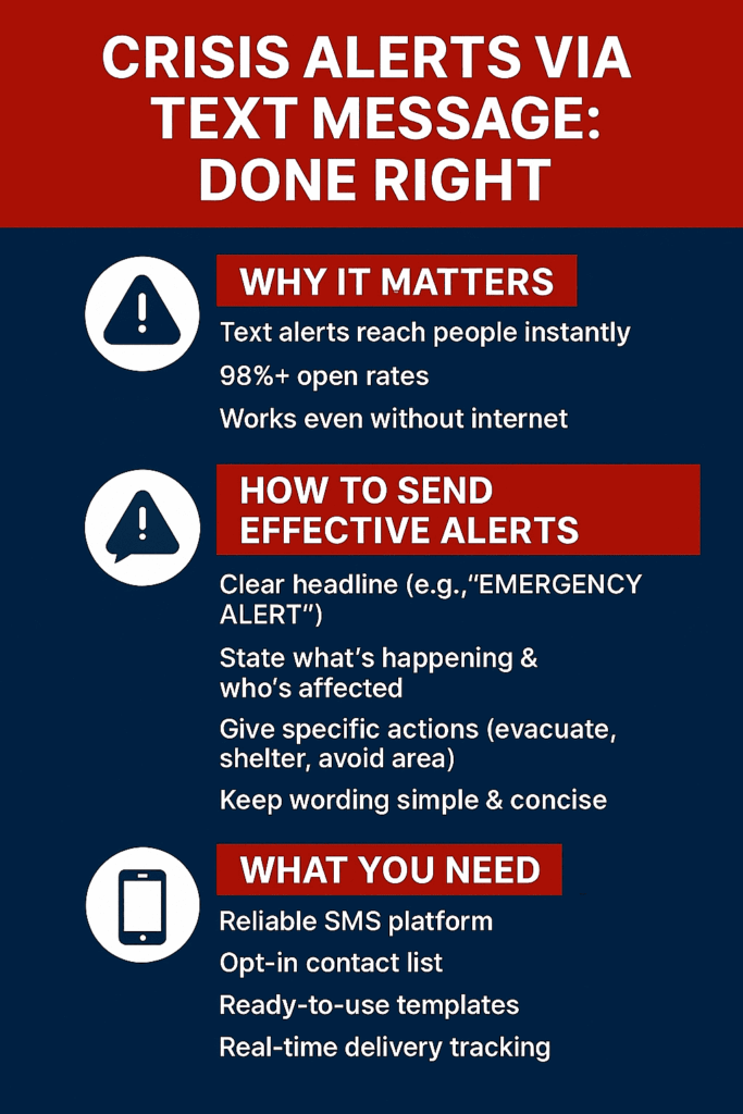 A vertical infographic titled "Crisis Alerts Via Text Message: Done Right," divided into three sections: "Why It Matters," "How to Send Effective Alerts," and "What You Need," using icons to highlight key tips for SMS emergency communication.