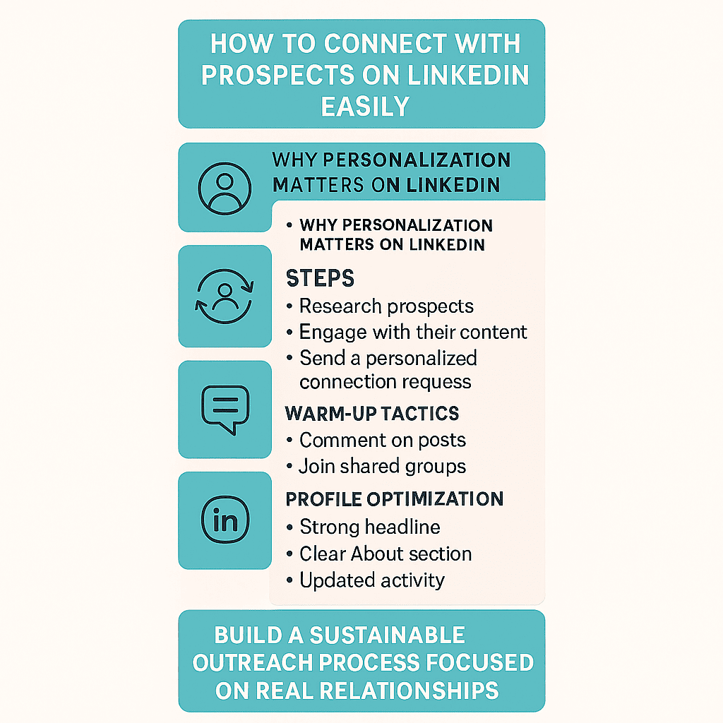 A vertical infographic titled "How to Connect with Prospects on LinkedIn Easily," detailing steps for research, warm-up tactics like commenting on posts, and profile optimization.