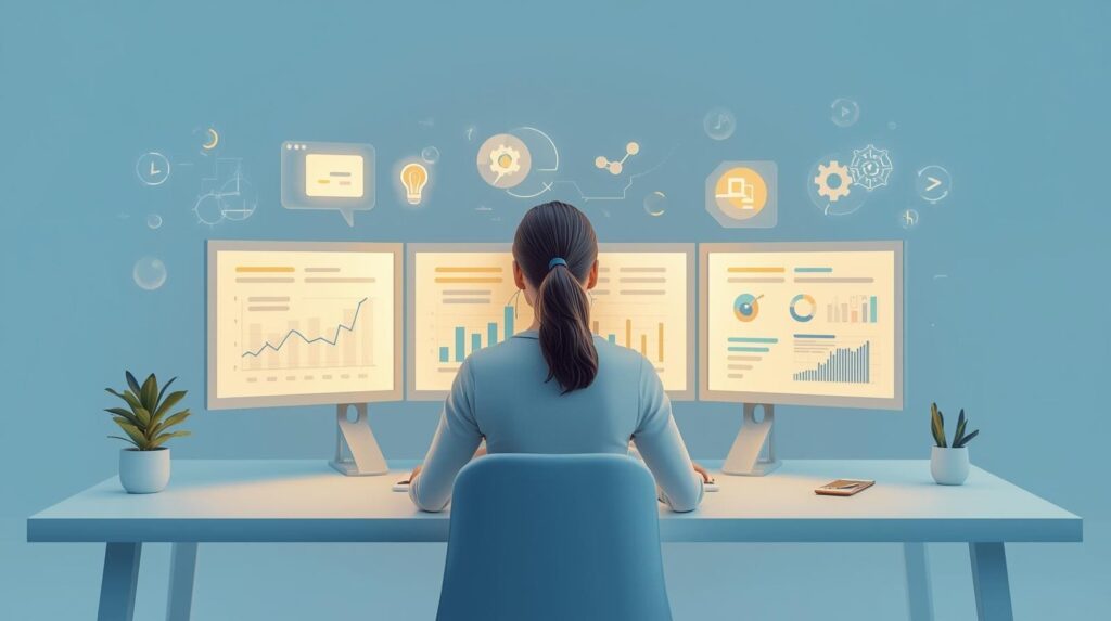 Rear view of a digital marketer sitting at a desk with three computer monitors displaying various data charts, with floating 3D icons of lightbulbs and gears overhead."