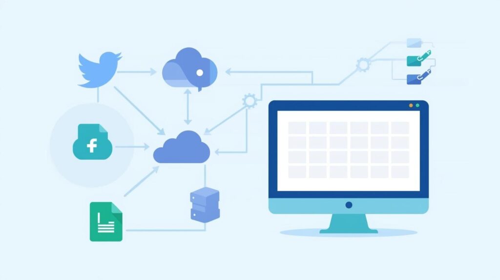 A flat vector illustration showing a network of connections between a desktop monitor, cloud storage icons, server blocks, and social media platforms like Twitter and Facebook.