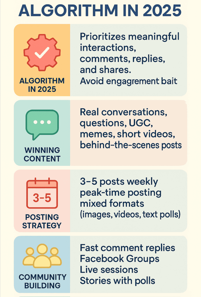 An infographic titled "Algorithm in 2025" featuring four sections with icons explaining the new algorithm, winning content types, posting strategy, and community building.
