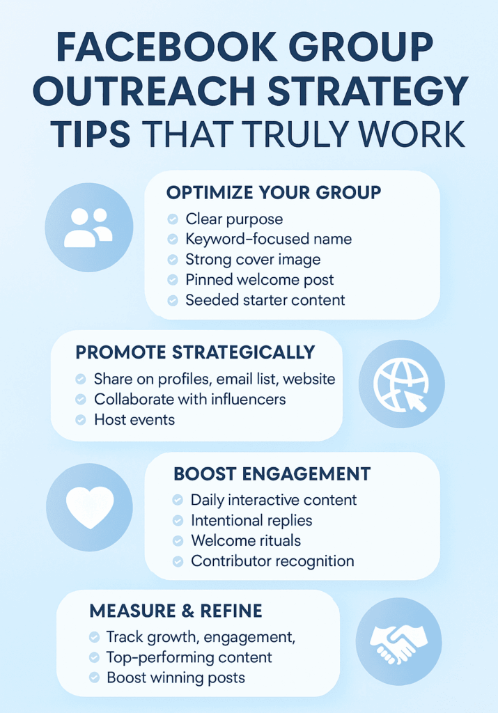 An infographic titled "Facebook Group Outreach Strategy Tips That Truly Work" featuring four sections: Optimize Your Group, Promote Strategically, Boost Engagement, and Measure & Refine, ending with a note on consistency.