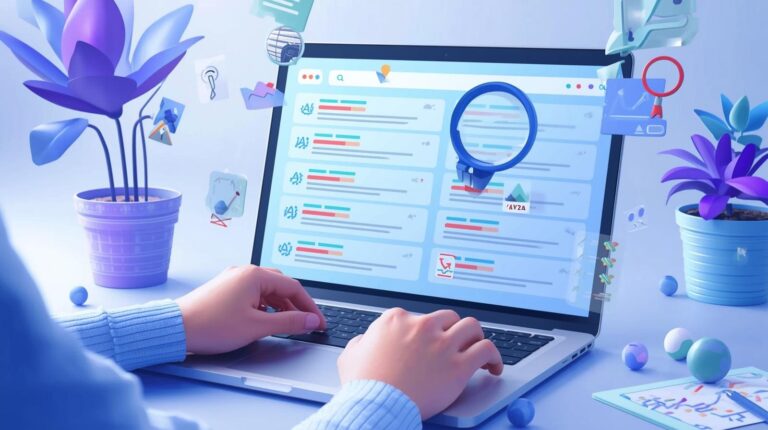 A flat vector illustration of a person typing on a laptop, manually auditing search results with a magnifying glass overlay and floating checklist icons.