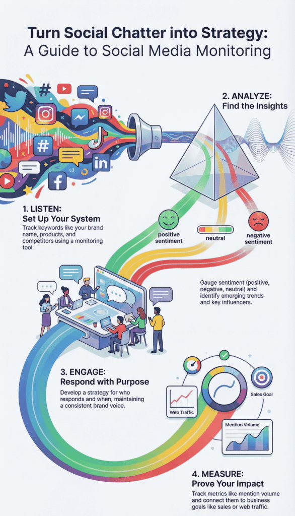 An infographic titled "Turn Social Chatter into Strategy: A Guide to Social Media Monitoring," detailing a four-step workflow: Listen, Analyze, Engage, and Measure.
