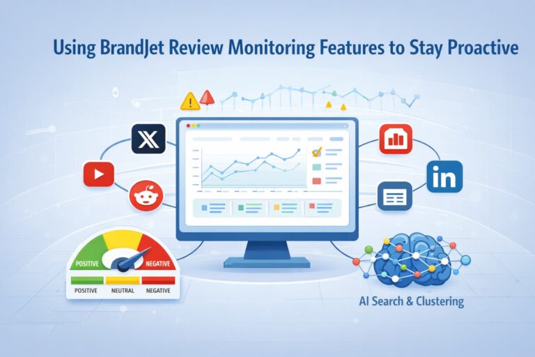 BrandJet review monitoring features connecting social platforms, AI insights, and sentiment trends in one view