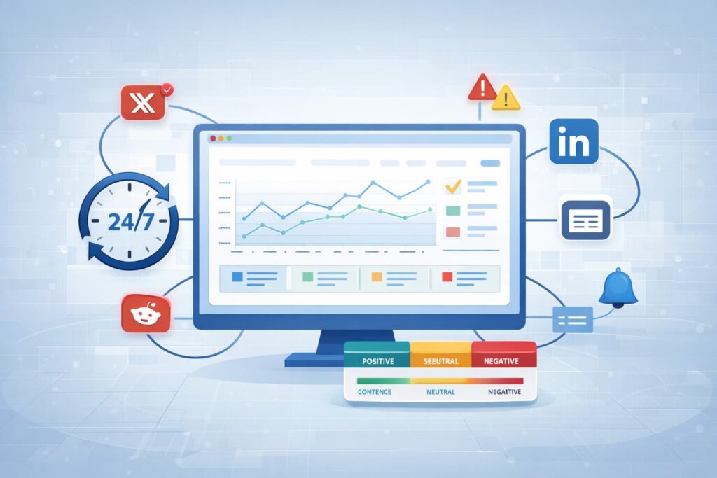 BrandJet review monitoring features represented through AI clustering and sentiment confidence signals