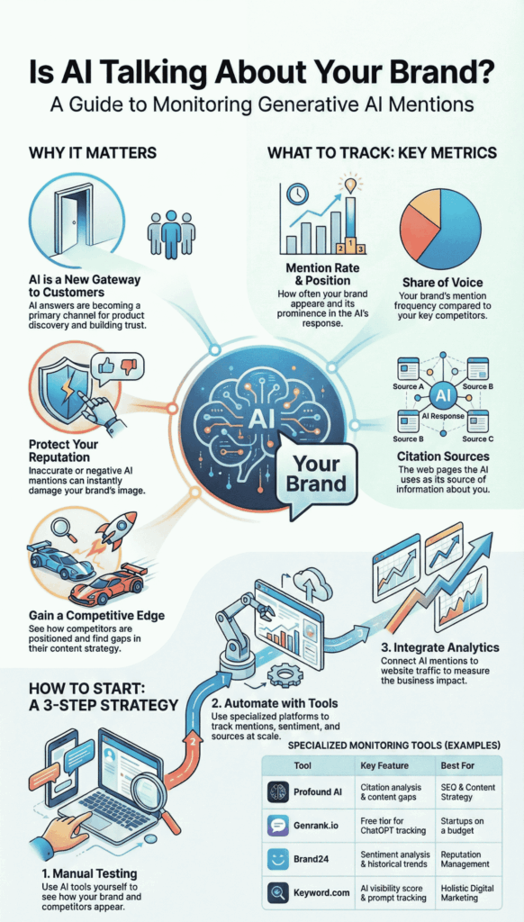 "A comprehensive infographic titled 'Is AI Talking About Your Brand?' detailing why AI mentions matter, key metrics to track like share of voice and citation sources, and a 3-step strategy for monitoring generative AI using tools like Brand24 and Profound AI."