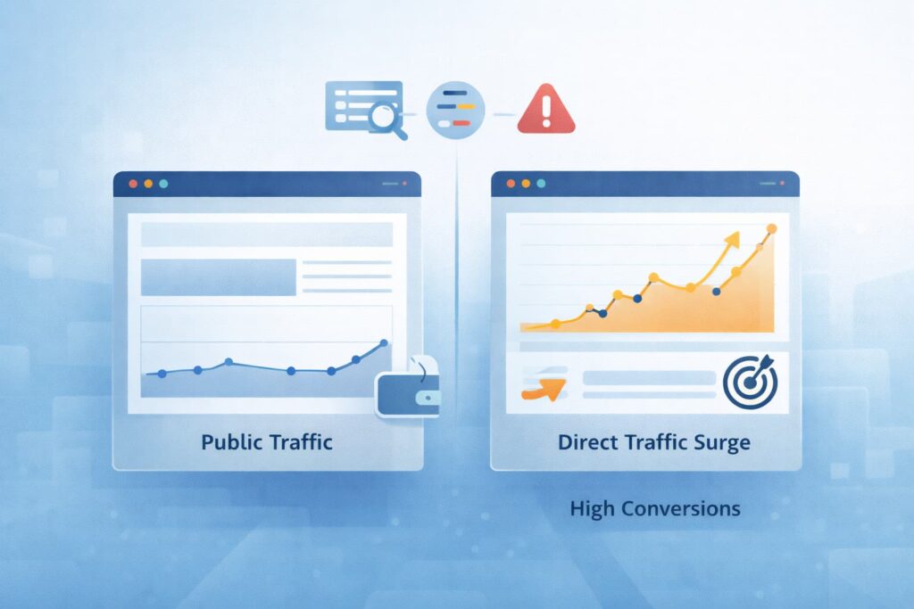 Dark social monitoring illustration highlighting competitor direct traffic surges from private sharing