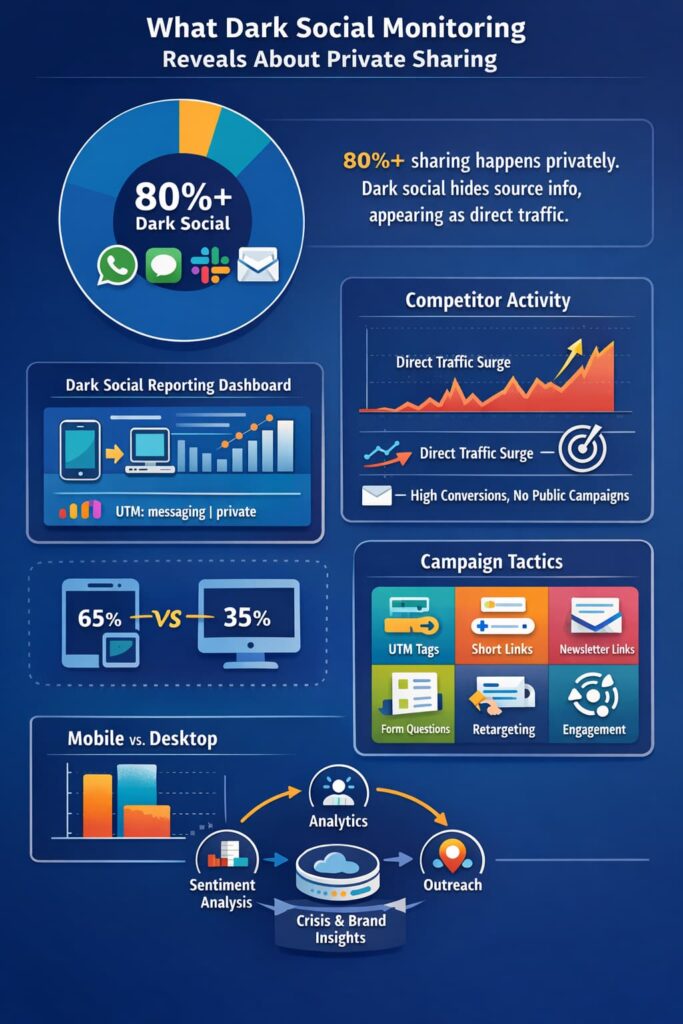 Dark social monitoring infographic showing private sharing dominance, reporting dashboards, campaign tactics, and competitor traffic patterns