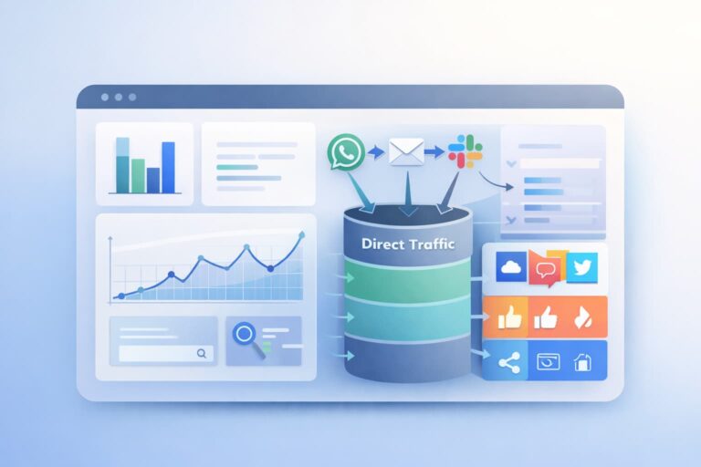 Dark Social Reporting Dashboard showing private sharing icons flowing into direct traffic analytics view