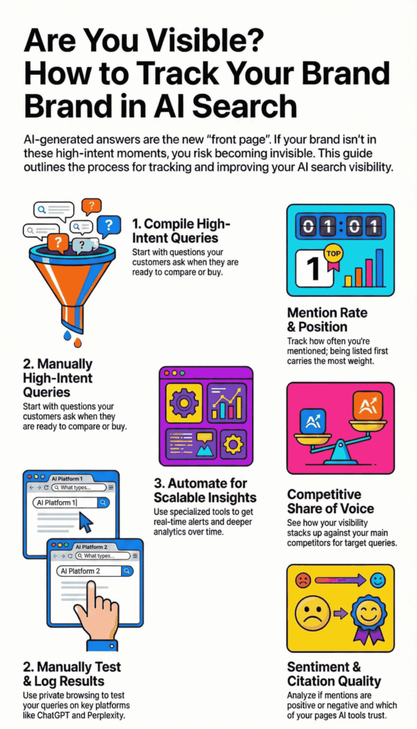 An infographic titled "Are You Visible? How to Track Your Brand in AI Search" detailing a three-step process for monitoring brand mentions and key metrics like share of voice.