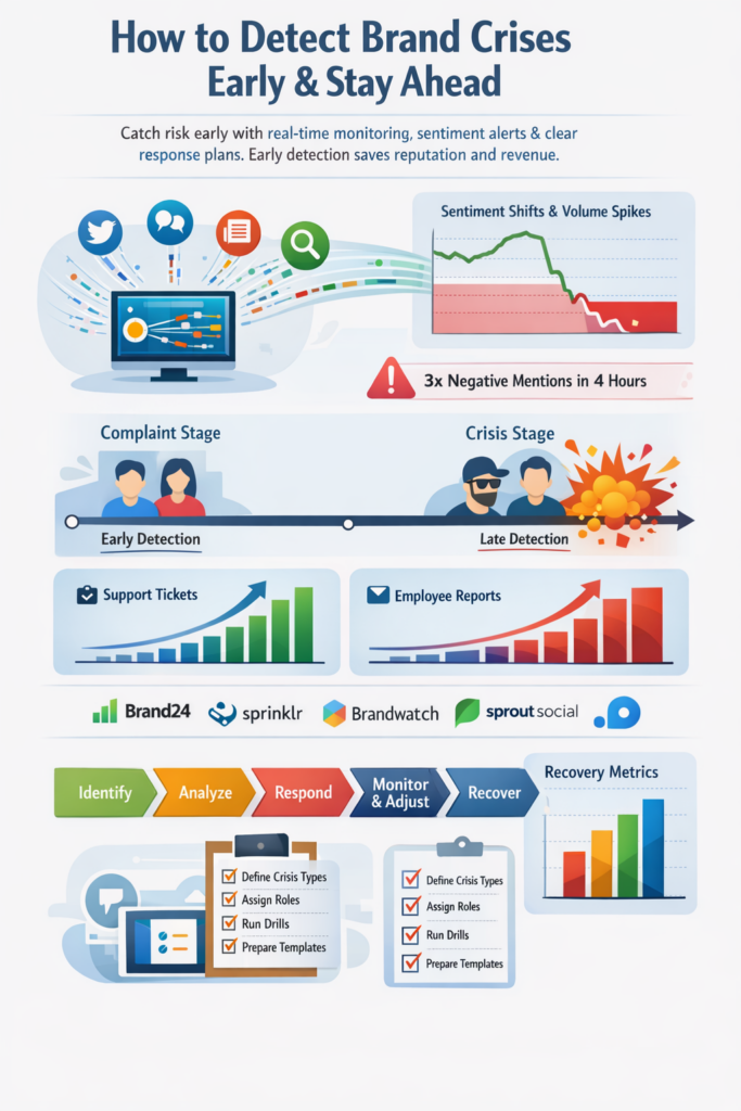 How to Detect Brand Crises Early with dashboard visuals of sentiment drops, volume spikes, alerts, and recovery metrics