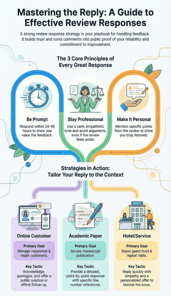 Infographic titled "Mastering the Reply" outlining three principles: Be Prompt, Stay Professional, and Make It Personal.