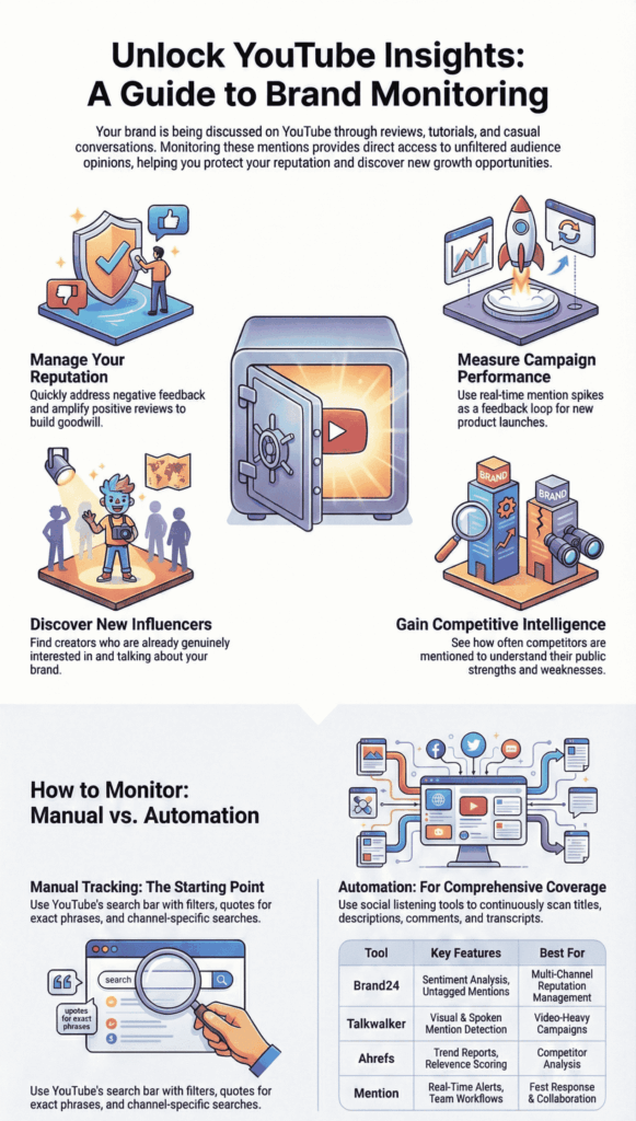 "Infographic guide titled 'Unlock YouTube Insights: A Guide to Brand Monitoring'."