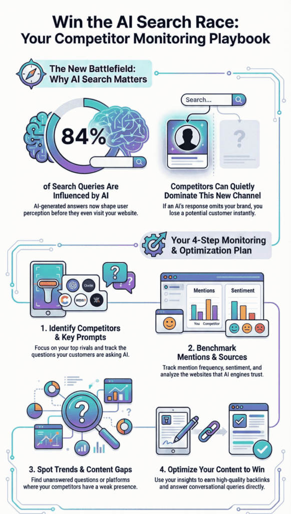 An infographic titled "Win the AI Search Race" displaying a four-step playbook for monitoring competitors and optimizing for AI search queries.