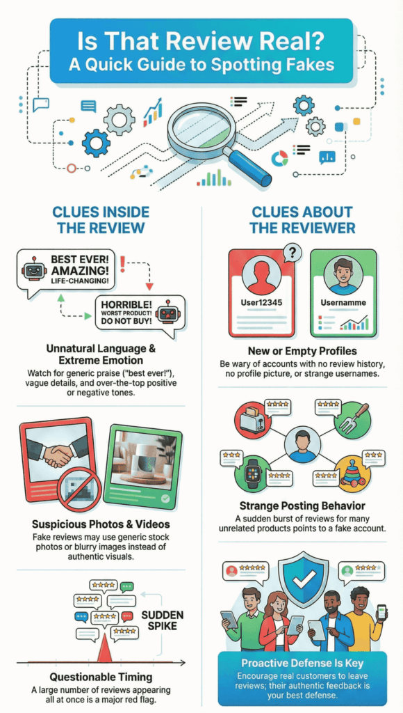 Infographic showing two red flags for fake reviews: rapid posting timing and identical review text.