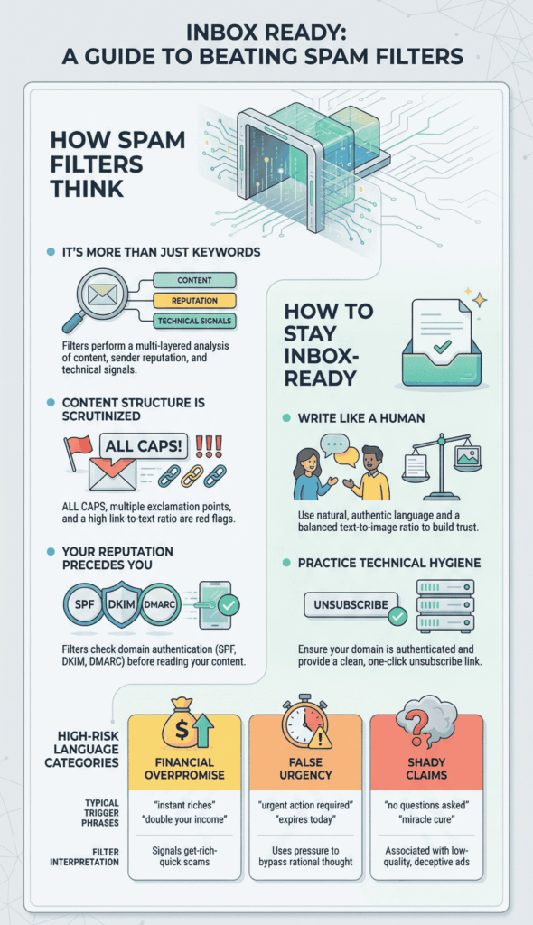 Infographic titled "Inbox Ready" explaining how spam filters analyze content, reputation, and technical signals.