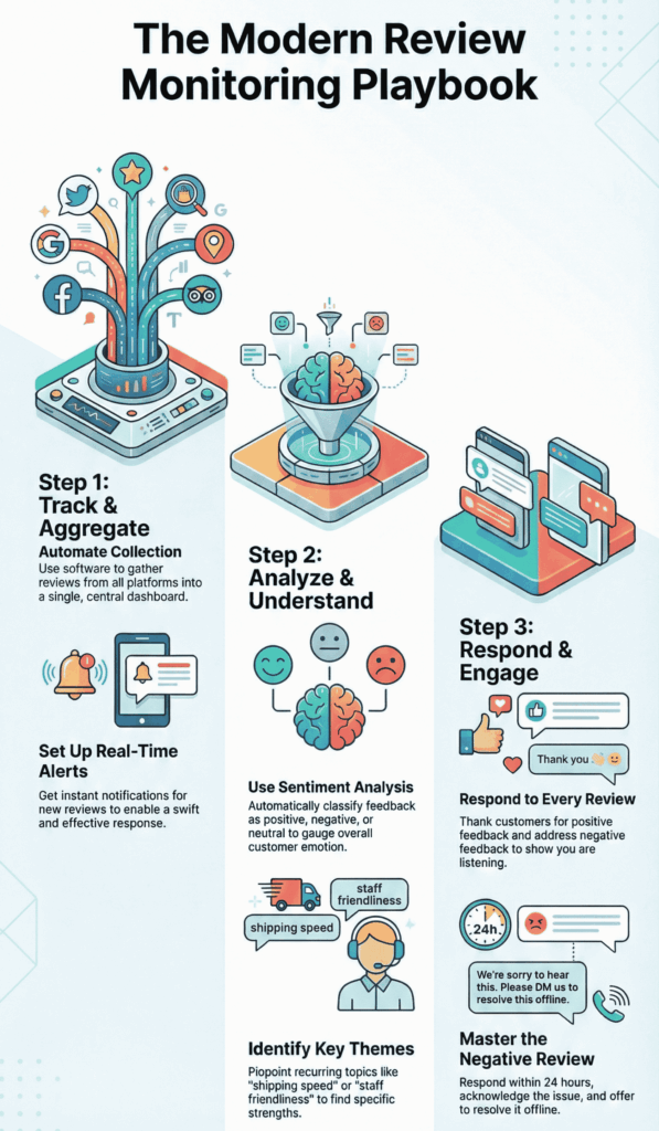 An infographic titled "The Modern Review Monitoring Playbook" outlining steps for tracking, analyzing, and responding to reviews.