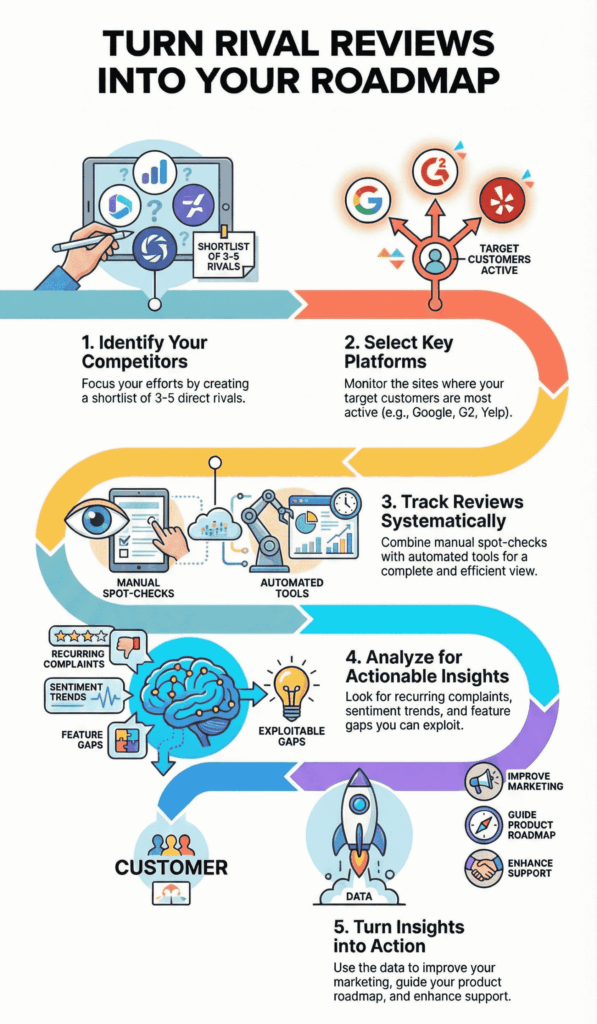 An infographic titled "Turn Rival Reviews Into Your Roadmap" detailing a five-step process from identifying competitors to taking action.