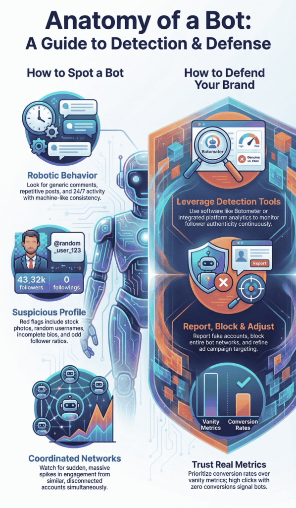 An infographic titled "Anatomy of a Bot" detailing how to spot robotic behavior and defend a brand using detection tools.