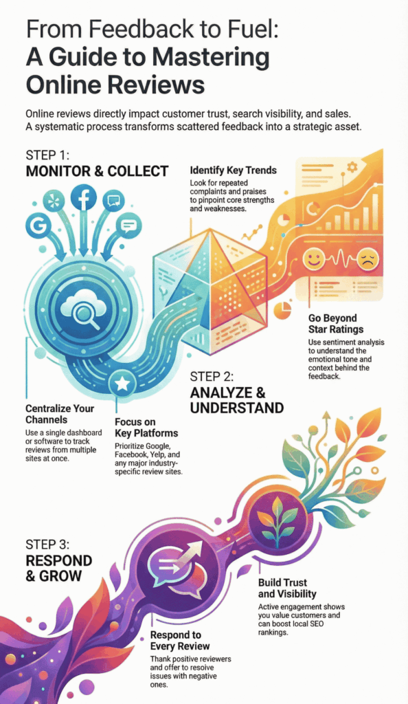 An infographic titled "From Feedback to Fuel" outlining a three-step process: Monitor & Collect, Analyze & Understand, and Respond & Grow.