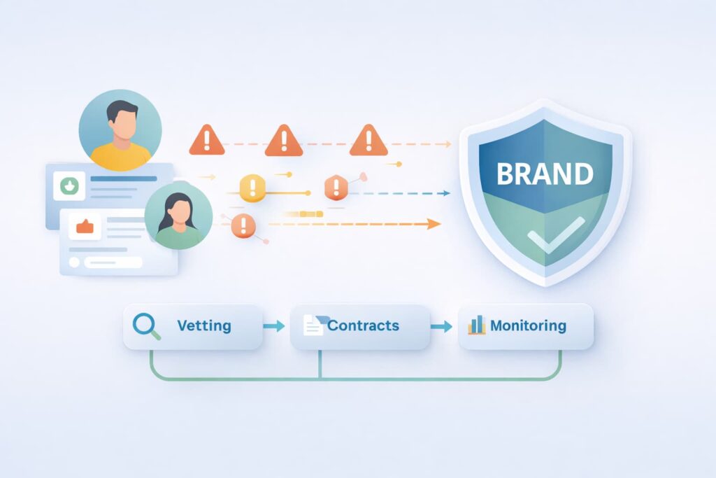 Influencer Activity tracking workflow showing vetting, contracts, and monitoring protecting brand reputation