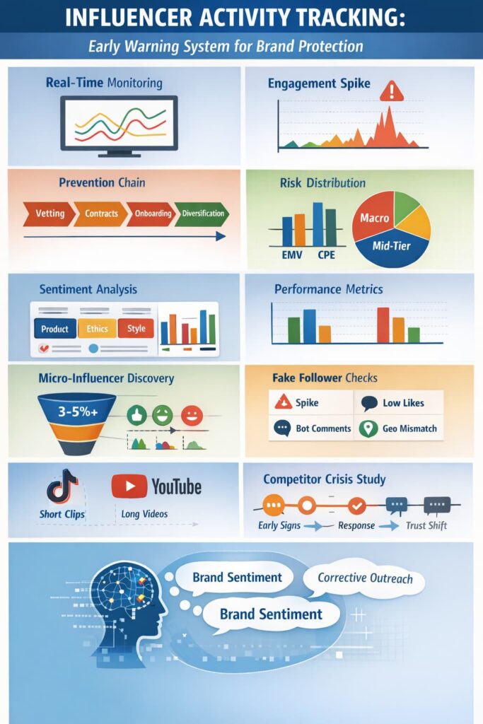 Influencer Activity tracking overview showing monitoring, risk distribution, sentiment analysis, and performance metrics