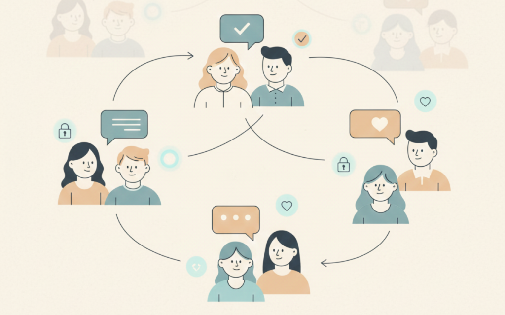 Shadowy outlines of rivals engaged in competitor dark social activity, with visualized data flows and hidden engagement metrics.
