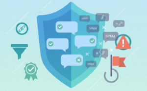 A shield protecting against unwanted messages, featuring icons for spam, verification, and security.