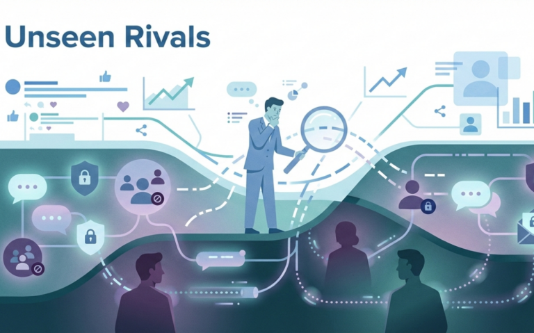 Shadowy outlines of rivals representing competitor dark social activity, with visualized data flows and hidden engagement metrics.