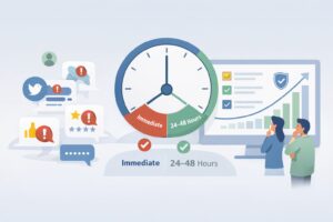 When to Respond to Negative Reviews illustrated by response timing, customer reviews, and rising brand trust.