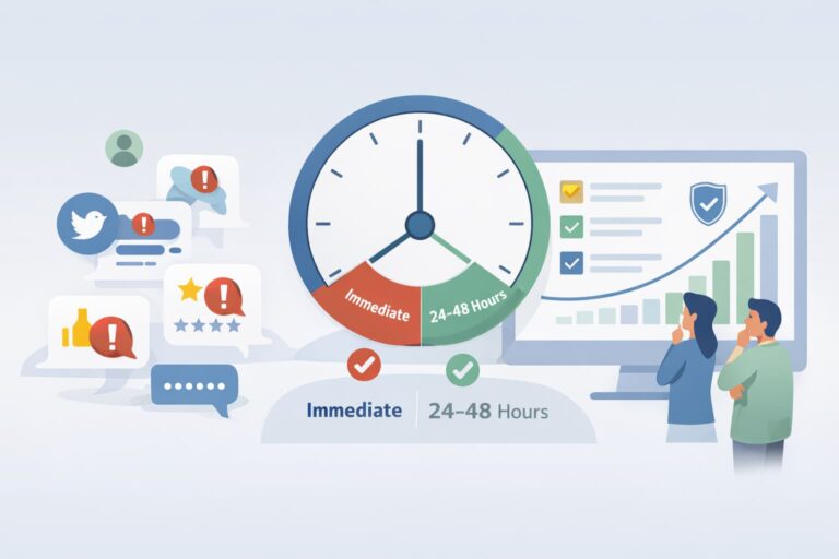 When to Respond to Negative Reviews illustrated by response timing, customer reviews, and rising brand trust.