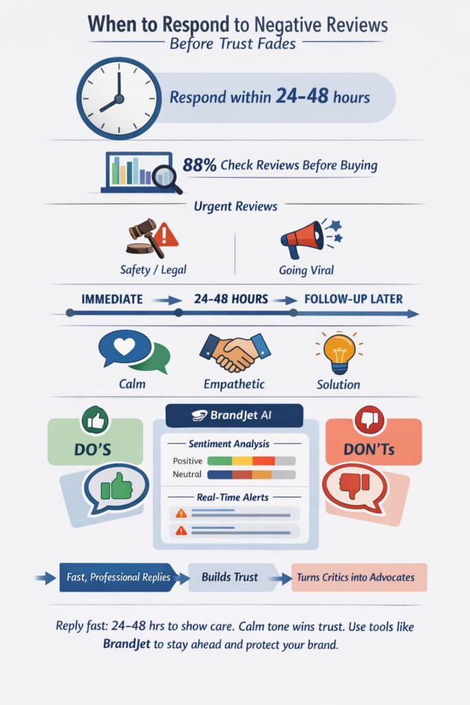 When to Respond to Negative Reviews visualized by timely responses building credibility and loyalty